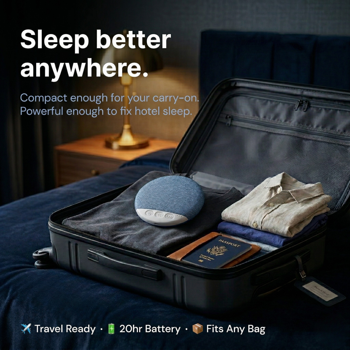 HushWave placed on a nightstand beside a lamp